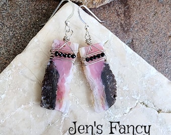 Pink Opal Earrings with Black Spinel, Sterling Silver Wire Wrapped Jewelry, Genuine Pink Opal Gemstone Jewelry, Gift for Her, Jen's Fancy