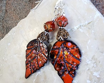 Enameled Leaf Earrings Sterling Silver, Carnelian Gemstone Earrings, Jen's Fancy, Gift for Her, Enameled Leaf Gemstone Jewelry