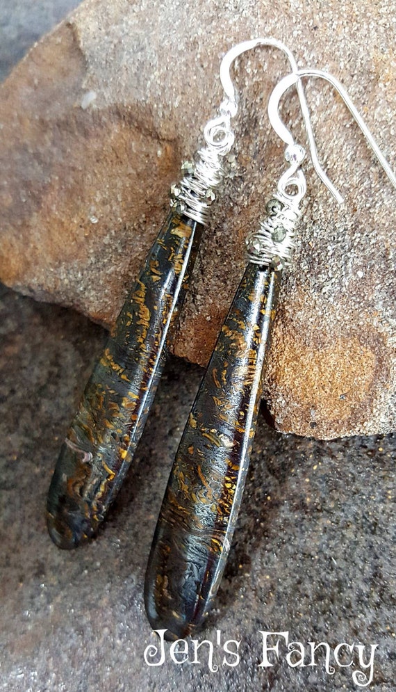 Tiger Iron Earrings Sterling Silver Wire Wrapped Natural Tiger