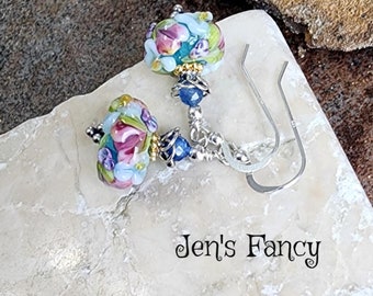 Kyanite Floral Art Glass Earrings Sterling Silver, Kyanite Gemstone Floral Art Glass Jewelry, Gift for Her, Jen's Fancy, Gemstone Earrings