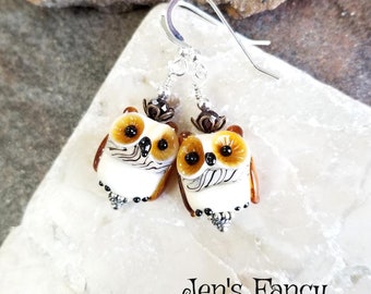 Owl Earrings Art Glass & Natural Garnet Sterling Silver, Quality Artisan Owl Jewelry, Jen's Fancy, Owl Gift for Her, Garnet Earrings