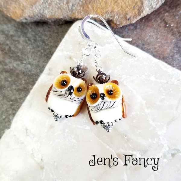 Owl Earrings Art Glass & Natural Garnet Sterling Silver, Quality Artisan Owl Jewelry, Jen's Fancy, Owl Gift for Her, Garnet Earrings