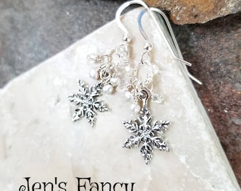 Snowflake Earrings Sterling Silver, Christmas Gift for Her, Winter Earrings, Cluster Earrings, Jen&#39;s Fancy, Snowflake Handcrafted Jewelry