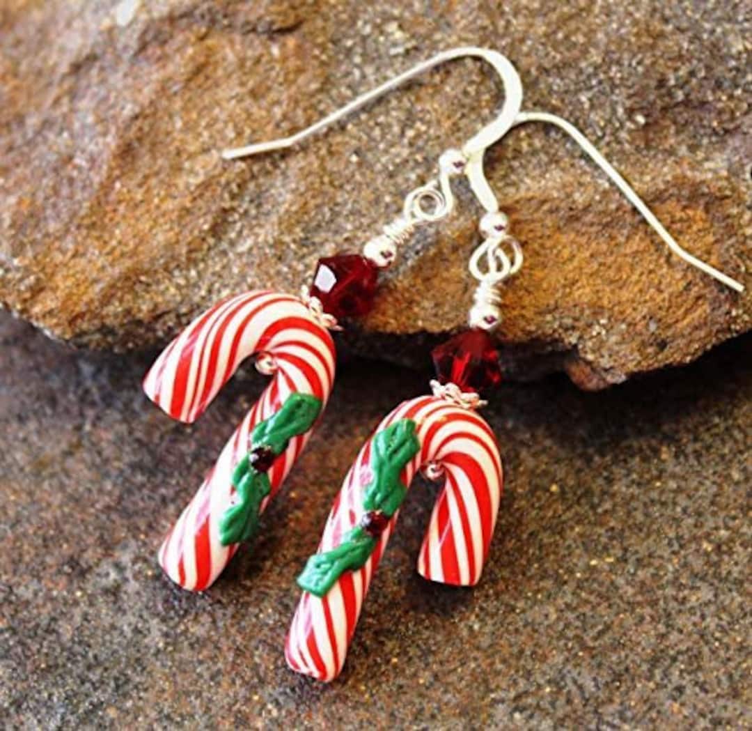 Candy Cane Earrings Sterling Silver, Handcrafted Christmas Jewelry