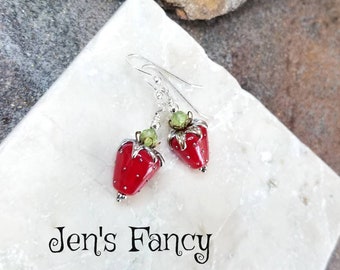 Strawberry Art Glass Earrings Sterling Silver Peridot, Jen's Fancy, Gift for Her, Strawberry Art Glass Jewelry, Peridot Gemstone Jewelry