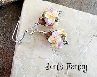 Floral Art Glass Spinel Earrings Sterling Silver, Floral Spinel Gemstone Jewelry Jewellery, Gift for Her, Jen's Fancy, Genuine Gemstone