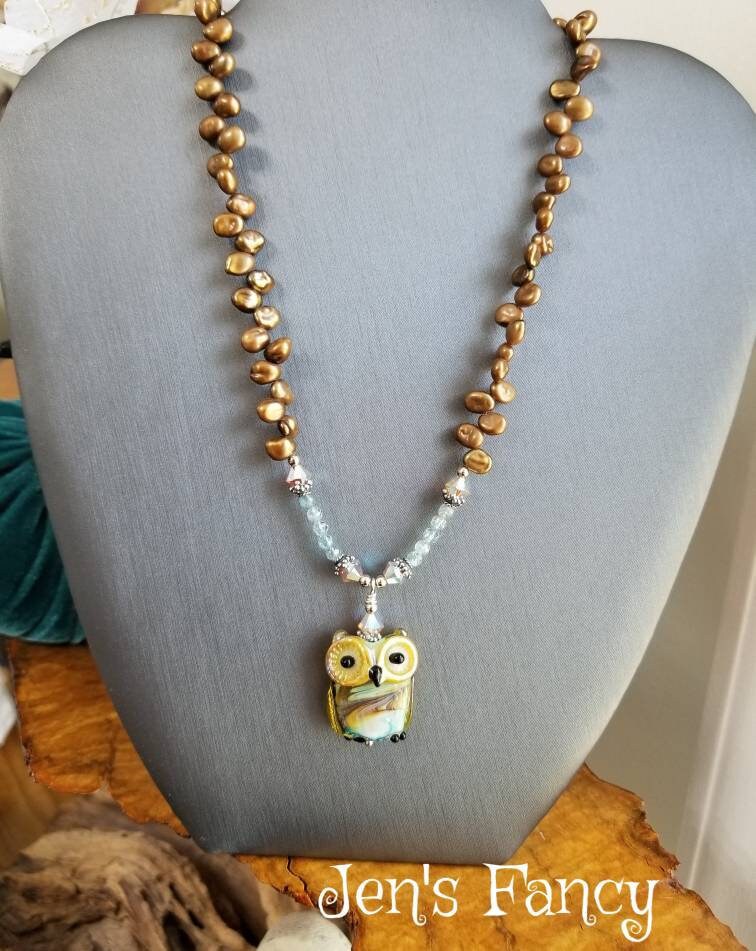 Owl Necklace Art Glass with Apatite & Petal Pearls Sterling Silver, Owl Gift for Her, Unique Han