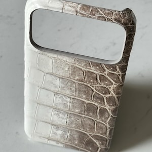May include: A phone case with a textured, crocodile-like pattern. The case is primarily white on the left side, transitioning to a brown hue on the right. The case has a rectangular opening for the camera and a handle.