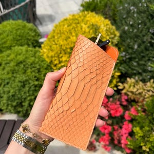 May include: A peach-colored leather glasses case with a snakeskin texture. The case is open, revealing a pair of sunglasses. The case is held in front of a background of green and yellow bushes and red flowers.