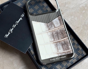 Custodia per iPhone in pelle di coccodrillo himalayano color argento: personalizzata