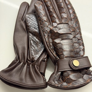 Könnte beinhalten: Braune Lederhandschuhe mit Schlangenmuster auf dem Handrücken und glatter Lederhandfläche. Die Handschuhe haben einen Handgelenkriemen mit einem goldfarbenen Knopf.