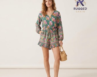 Women's Vintage Style Green Boho Playsuit Floral Jumpsuit