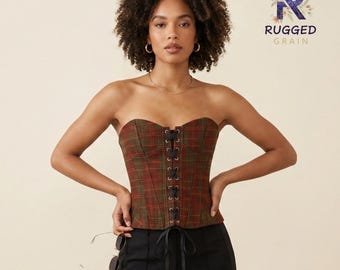 Women's American Retro Plaid Strapless Corset Top, Lace-Up Mini Camisole, Streetwear Clubwear Shapewear