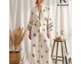White Floral Kimono Robe and Wide Leg Pants Set Boho Beach Vacation Outfit