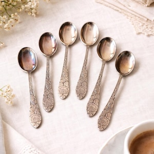 Service à thé vintage Alpaca 90 plaqué argent, motif rose, 6 pièces, cuillères à café et dessert, couverts en argent, cadeau