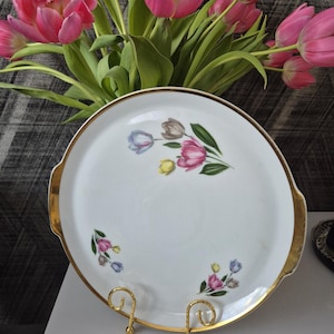 Frühlings Servierplatte Häckel Bavaria 27,5 cm mit Goldrand und Blüten Ostertafel Vintage Porzellan