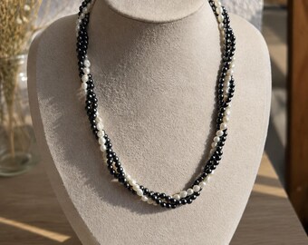 Vintage hematiet- en parelketting – echte zoetwaterparel sieraden, 43 cm, elegant, zwart-wit, cadeau-idee