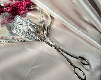 Pinça de confeitaria vintage banhada a prata com gravura, 22 cm, elegante pinça para servir, pinça para bolos, peça decorativa de mesa, item de colecionador