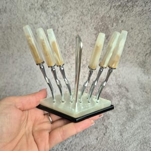 Set di forchette da cocktail vintage con supporto, manico in acrilico effetto madreperla, 6 pezzi, forchette da snack, forchette da dessert per feste, idea regalo
