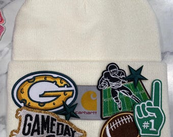 adult size - football customized beanies - patches are pressed & sewn