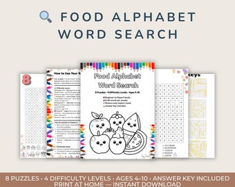 Woordzoeker voedsel alfabet | 8 puzzels | Afdrukbare pdf | 4-10 jaar | Direct downloaden