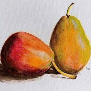 Original Watercolor Pear Painting. Red and Yellow Fruit Still Life. Kitchen Wall Art.
