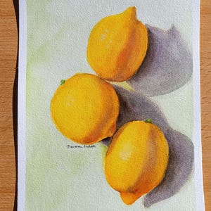 Original Watercolor Lemon Painting. Vertical Fruit Still Life. Kitchen Wall Art.