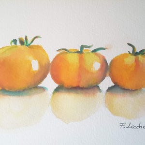 Original Yellow Tomato Watercolor Painting. Still Life Kitchen Wall Art. Small Format.