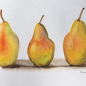 Original Watercolor Pear Painting. Yellow and Orange Fruit Still Life. Kitchen Wall Art.