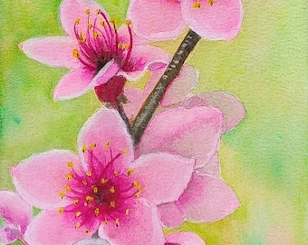 桃の花の版画 – 墨と水彩画（複製） - Etsy 日本