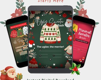 May include: Digital invitation design for an Ugly Sweater Party, displayed on a tablet and two smartphones. The tablet shows a sweater graphic with text "Ugly Sweater Bash". The phones display similar themes, with text "Minimal Sweater Night". Festive holiday theme.