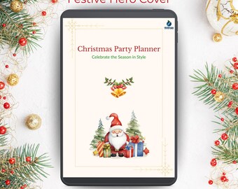 Könnte beinhalten: Ein digitaler Weihnachts-Partyplaner auf einem Tablet. Das Cover zeigt eine Aquarellillustration von Santa Claus, Weihnachtsbäumen und Geschenkpaketen. Der Text lautet "Christmas Party Planner" und "Celebrate the Season in Style."