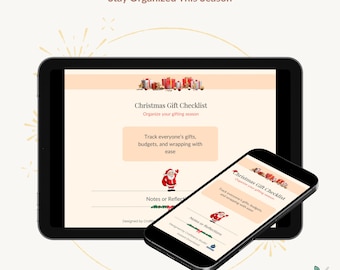 Könnte beinhalten: Ein schwarzes Tablet und Smartphone zeigen eine Weihnachtsgeschenk-Checkliste an. Das Tablet zeigt die Checkliste mit dem Text "Make Every Holiday Calm & Joyful" und "Stay Organized This Season". Das Smartphone zeigt dieselbe Checkliste.
