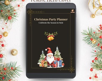Könnte beinhalten: Eine digitale Weihnachts-Partyplaner-Hülle auf einem Tablet. Die Hülle zeigt eine Aquarellillustration von Santa Claus, Weihnachtsbäumen und verpackten Geschenken. Goldene Glocken und der Text "Christmas Party Planner Celebrate the Season in Style" sind ebenfalls zu sehen.