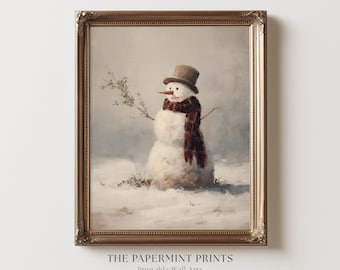 Arte imprimible de muñeco de nieve vintage: Decoración navideña rústica de granja (descarga digital)