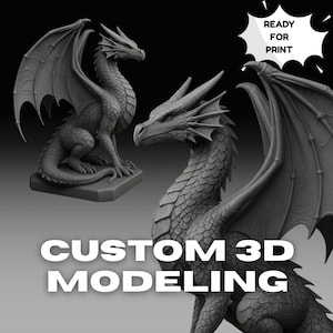 May include: Two gray dragon sculptures with detailed scales and large wings are displayed. One dragon is seated on a base, while the other is shown from the chest up. The text "READY FOR PRINT" and "CUSTOM 3D MODELING" are also visible.