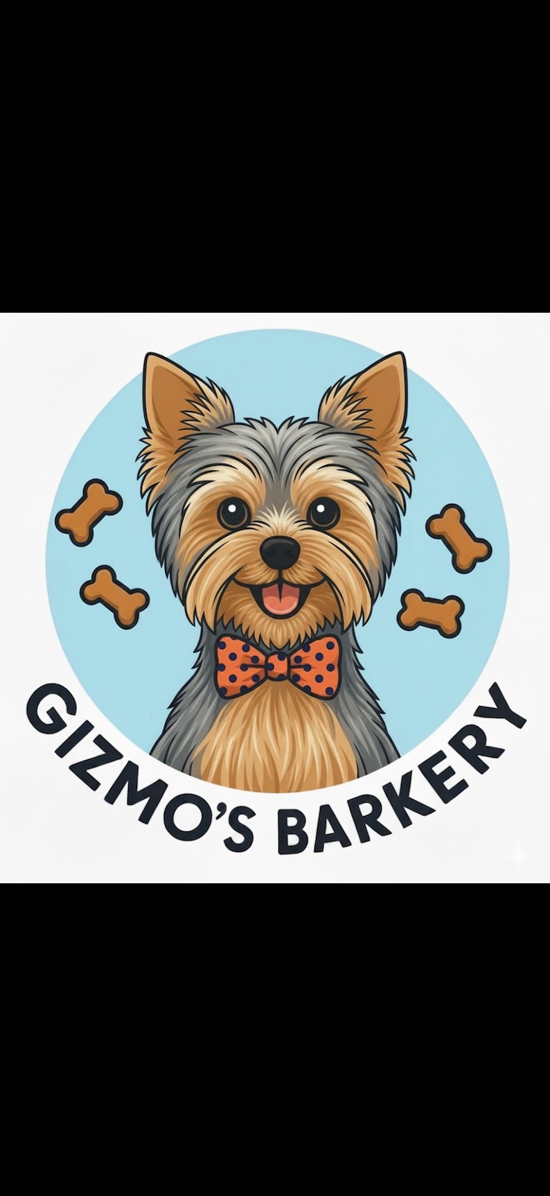 Pu&ograve; includere: Illustrazione di un cartone animato di un cane Yorkshire Terrier con papillon e la scritta "Gizmo's Barkery". Il cane &egrave; circondato da ossa marroni su sfondo azzurro chiaro.