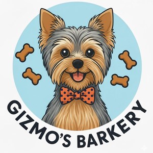 Puede incluir: Ilustraci&oacute;n de dibujos animados de un perro Yorkshire Terrier con pajarita y el texto "Gizmo's Barkery". El perro est&aacute; rodeado de huesos marrones sobre un fondo azul claro.