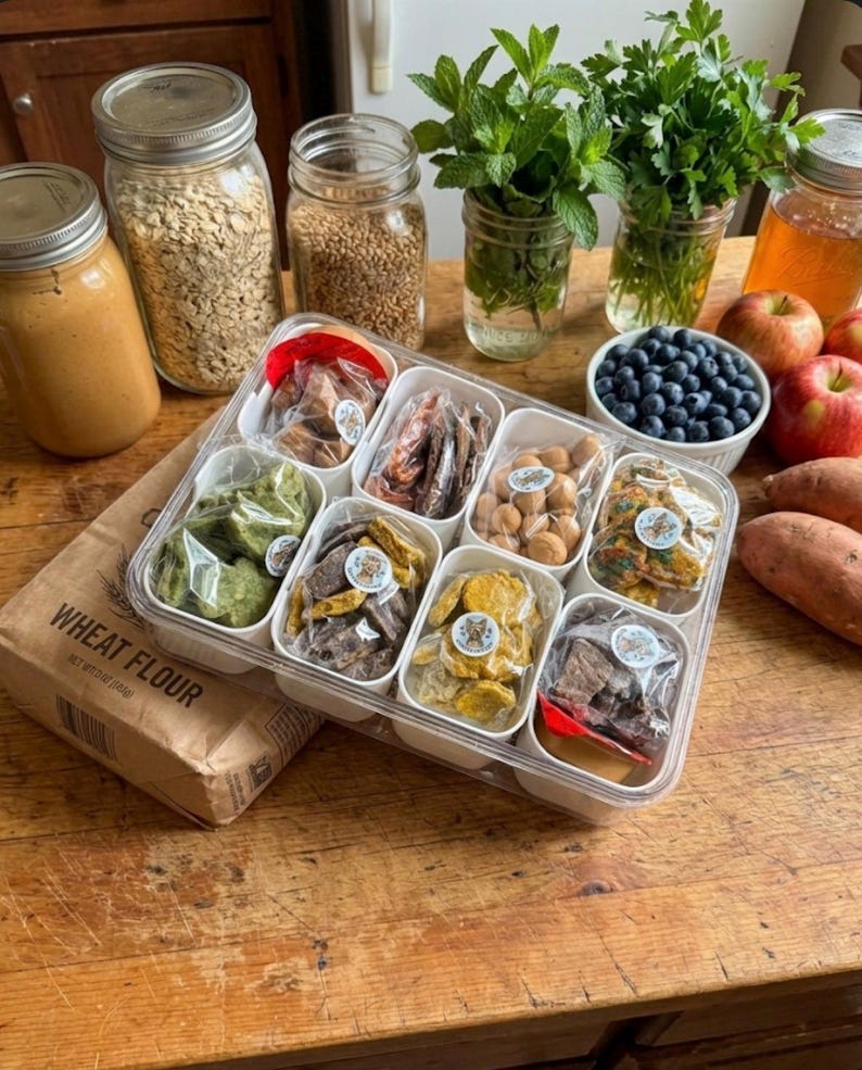 Puede incluir: Una mesa de madera exhibe una variedad de alimentos. Un recipiente de pl&aacute;stico transparente contiene varios peque&ntilde;os dulces envasados individualmente. Se ven frascos de avena, trigo y mantequilla de man&iacute;, junto con menta fresca, ar&aacute;ndanos, manzanas y batatas.