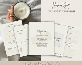 May include: A minimalist journal with a cream-colored cover and pages, featuring the text "Welcome to Your Journal." The journal is designed for reflection and calm. The image also includes a cup of coffee and the text "Perfect Gift."