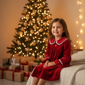Könnte beinhalten: Ein junges Mädchen in einem roten Samt-Nachthemd mit weißer Spitzenborte, sitzt auf einem Bett. Im Hintergrund ein Weihnachtsbaum mit goldenen Lichtern und Ornamenten sowie verpackte Geschenke. Die Szene erzeugt eine festliche Weihnachtsatmosphäre.