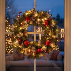 Op de afbeelding: Een feestelijke kerstkrans met rode ornamenten, dennenappels en bessen. De krans is versierd met warmwitte lampjes en wordt in een raam getoond. De krans heeft een diameter van ongeveer 61 cm.