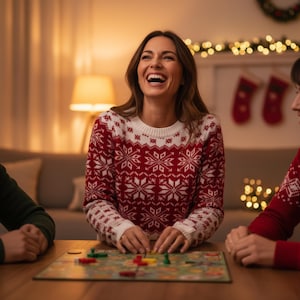 May include: A family is playing a board game, bathed in warm light. They are wearing red and white patterned sweaters. The scene suggests a festive atmosphere, with Christmas stockings and fairy lights visible in the background, creating a cosy feel.
