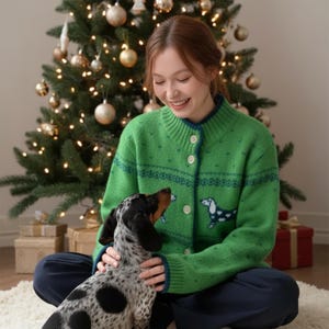 Könnte beinhalten: Grüne Strickjacke mit Knopfleiste und Dackel-Design. Der Pullover hat einen hohen Kragen und blaue Paspeln. Der Hund ist schwarz und weiß. Im Hintergrund ein geschmückter Weihnachtsbaum.
