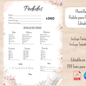 May include: A pastel-colored editable bakery order form with floral accents and text in Spanish. The form includes sections for customer details, order specifics, and payment information. A red and black pen rests on the left side.