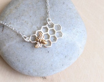 Sterling Silver Bee and Honeycomb Necklace