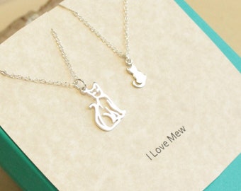 Sterling Silver Cat and Kitten - Mother Daughter Necklace Set... Includes Two Necklaces