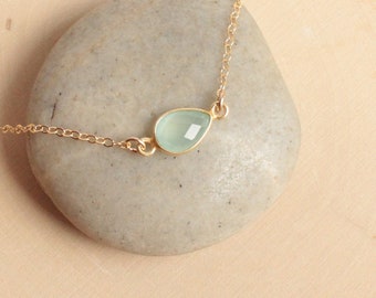 Aqua Chalcedony Sideways Teardrop Necklace in Gold