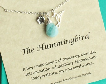 Sterling Silver Hummingbird Gemstone Necklace with Inspirational Message... You Choose The Gemstone