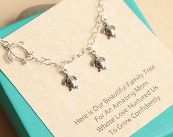 Sterling Silver Sea Turtle Family Tree Bracelet with Sentiment Card... Choose How Many Baby Turtles